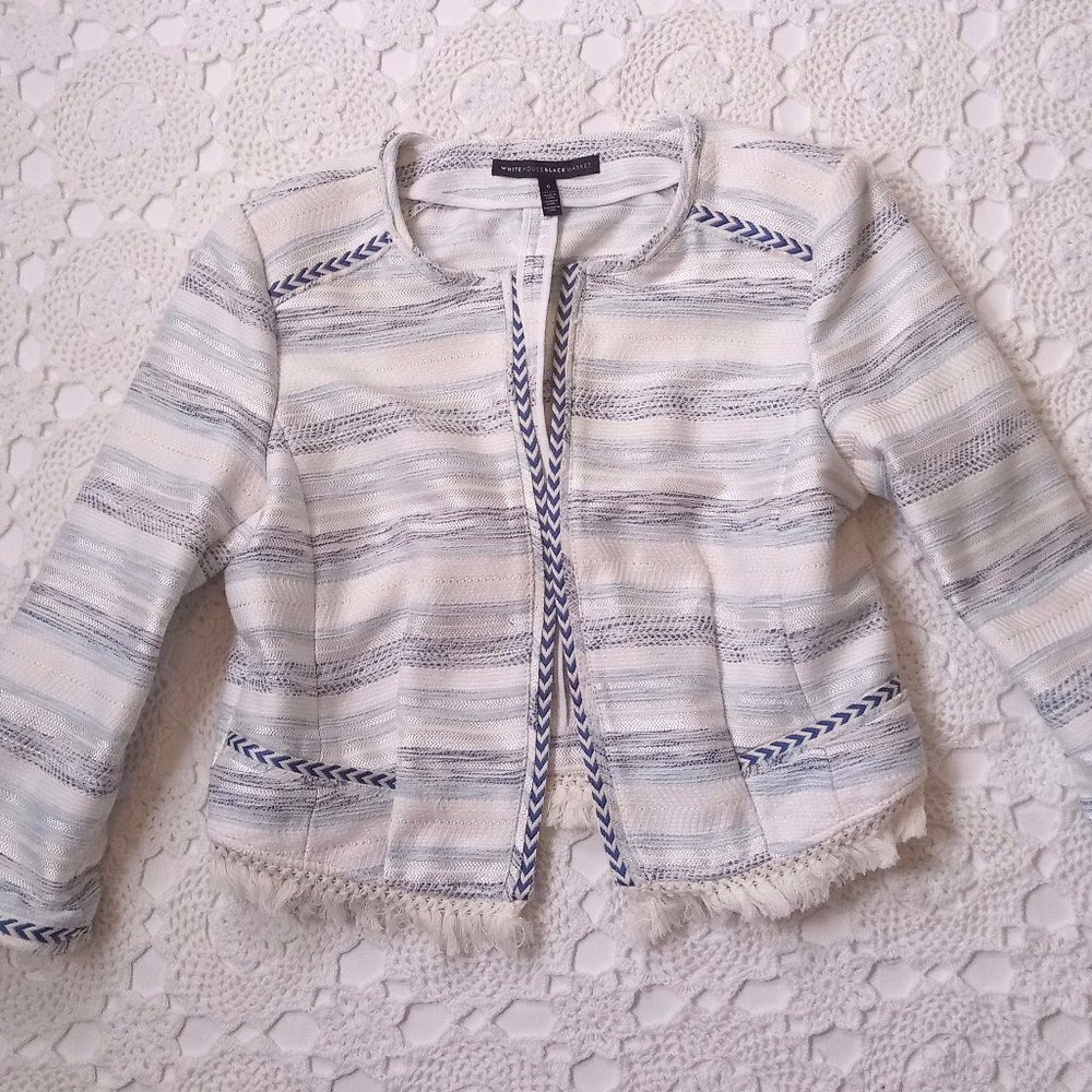 WHBM 6 Blazer Jacket Blue Stripe Fringe Trim Chic